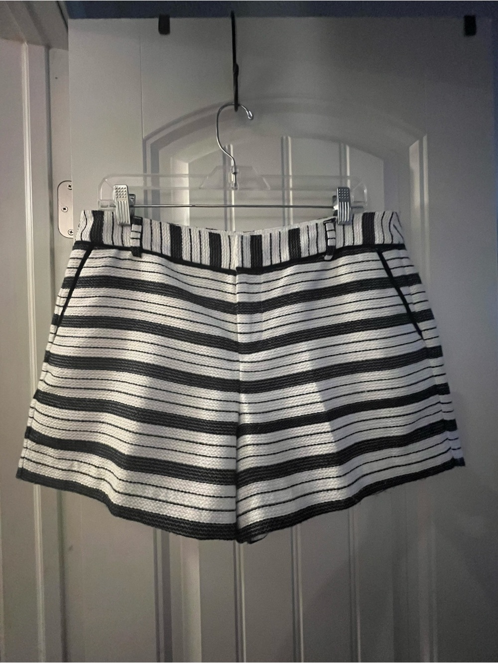 Elle B&W Horizontal Striped Textured High Waist Shorts welting on pockets, 12
